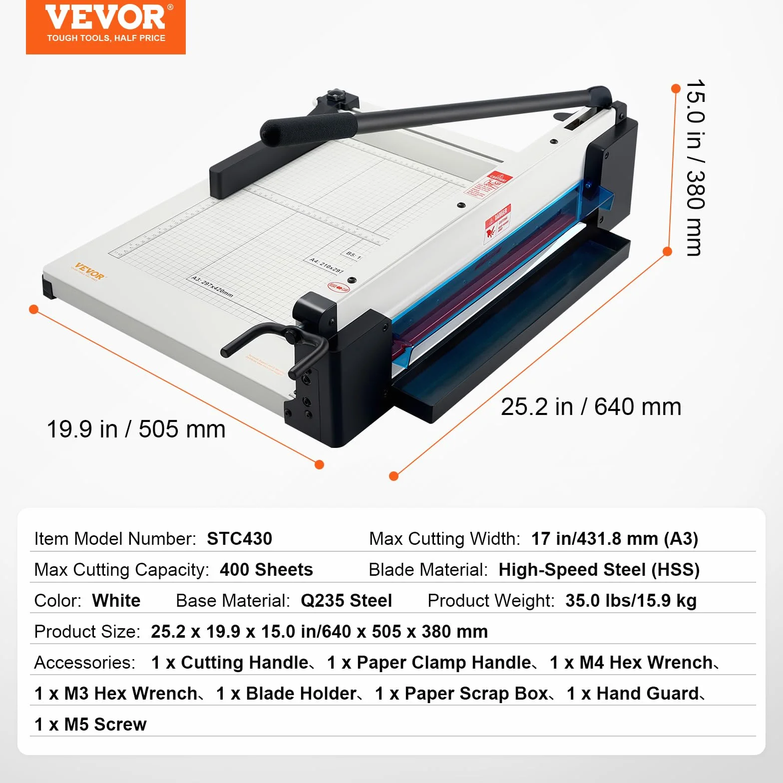 VEVOR Taglierina di Carta Resistente, Taglierina di Carta Commerciale Industriale 43,18 cm per Carta A3, Capacità di 400 Fogli, Costruzione in Acciaio Solido, Taglierina di Carta Impilabile Bianco